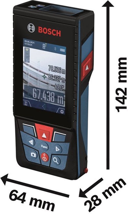 Bosch laser afstandsmeter, zwart met blauwe accenten, met afmetingen 142 x 64 x 28 mm.