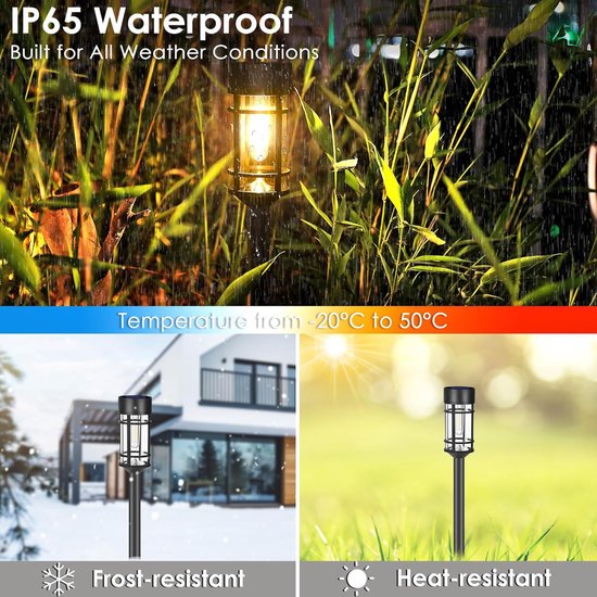 Zwarte lantaarnpaal met filament LED in de regen en een vorstbestendige en hittebestendige lantaarn.