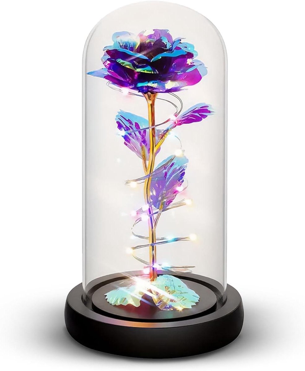 Galaxy Roos - Kunstbloem Koepel - Cadeau Geven - Met Licht - Glazen Koepel - Paars