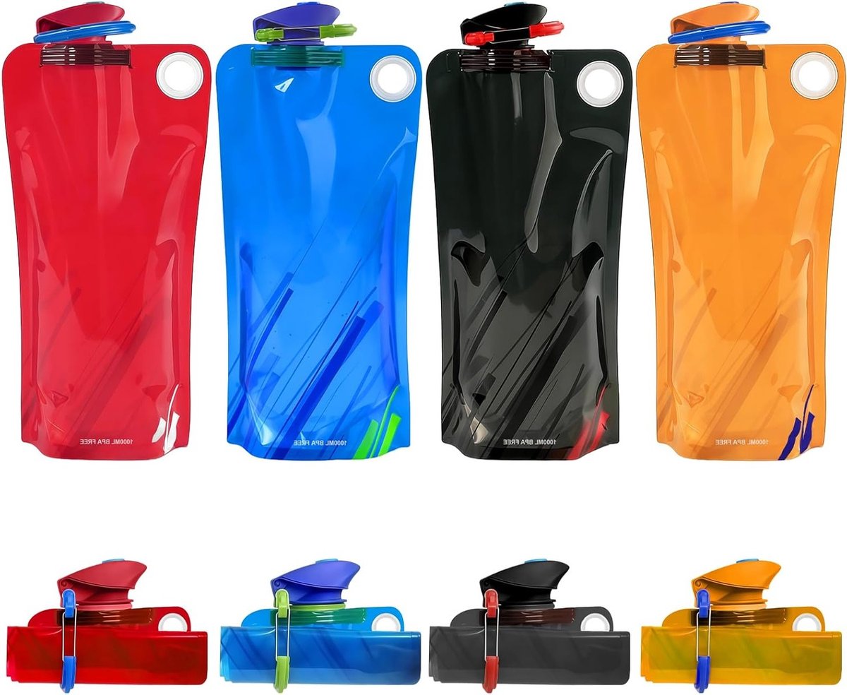 Vouwbare Sportfles Set van 4, 1000ml, Ideaal voor Sport, Fitness en Outdoor Activiteiten