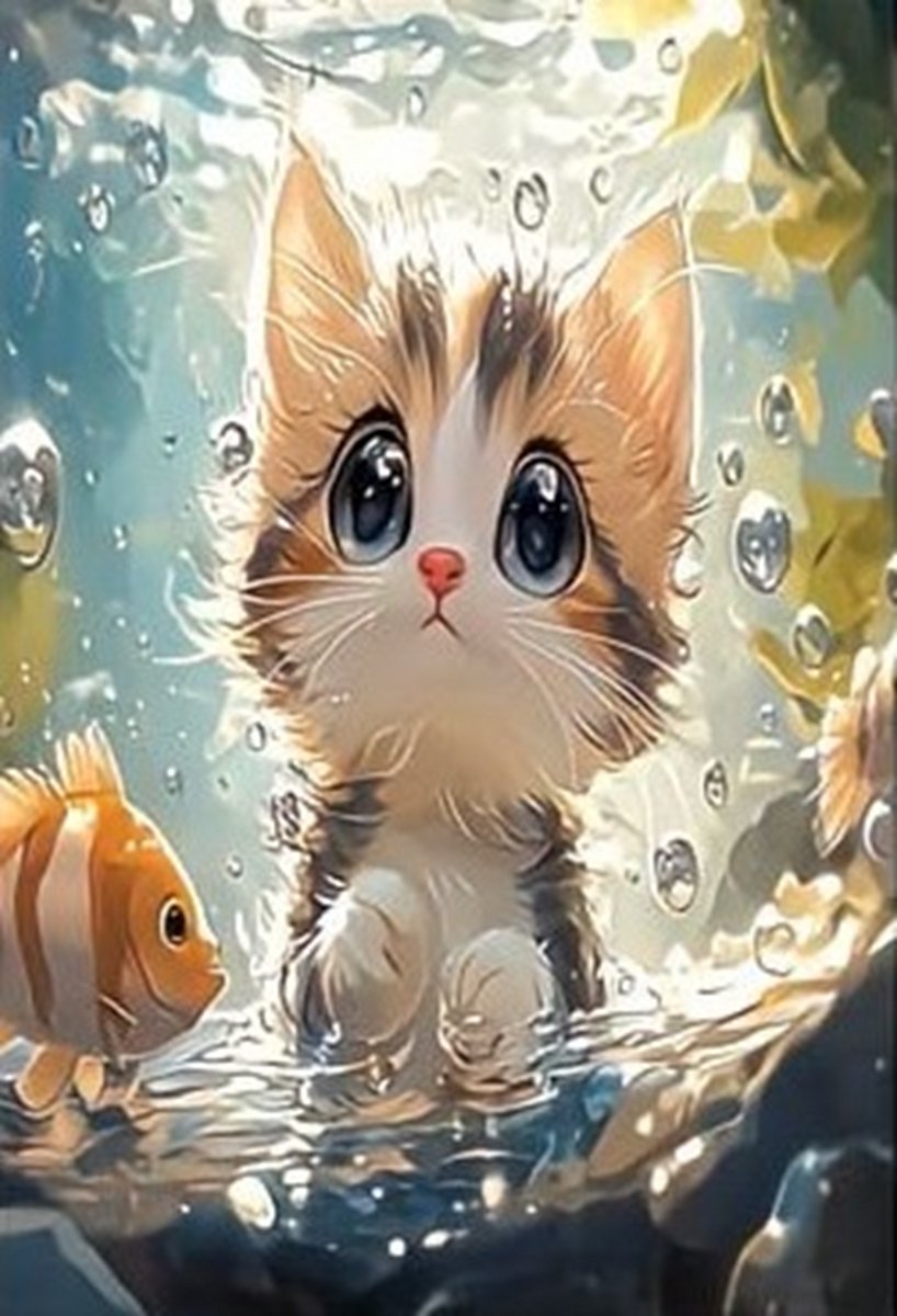 nr 655 Diamond Painting poes aquarium vis 40x30cm (rond)