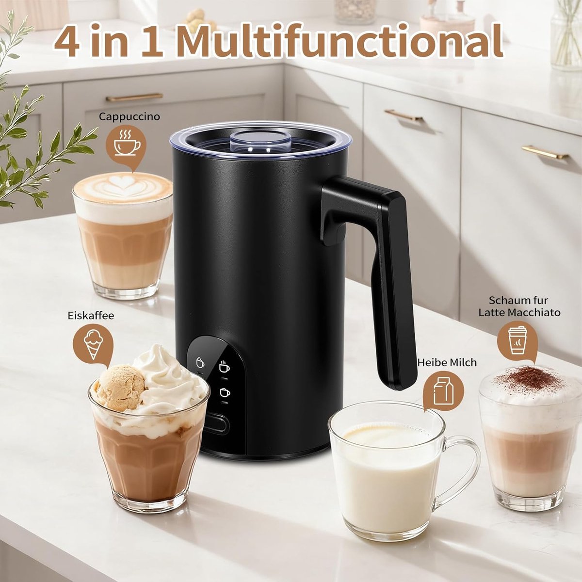 KZQ Zwarte elektrische melkschuimer 5-in-1 – Professionele automatische schuimmaker – Voor warm en koud melkschuim – Melkverwarmer & opschuimer met grote capaciteit (350 ml) – Barista-kwaliteit voor latte, cappuccino en chocolademelk – Zwart — cadeau in Kookcadeaus - foto 2