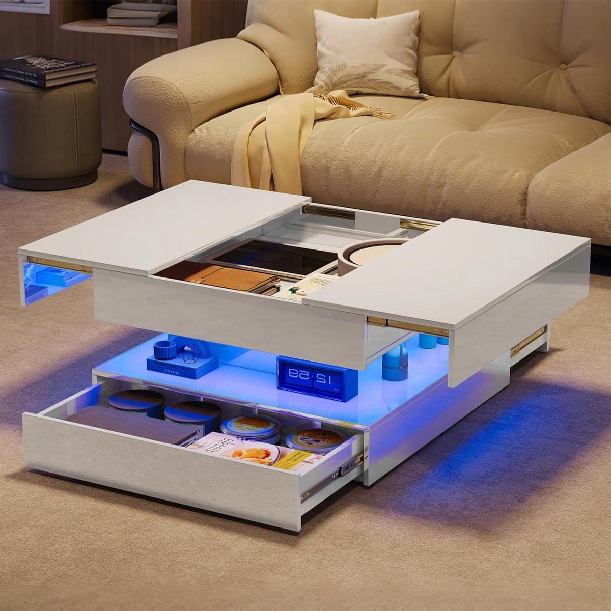 Salontafel met LED - Glanzende tafel - Woonkamer inrichten - Verborgen opbergruimte - 78 x 78 x 43 cm - Wit