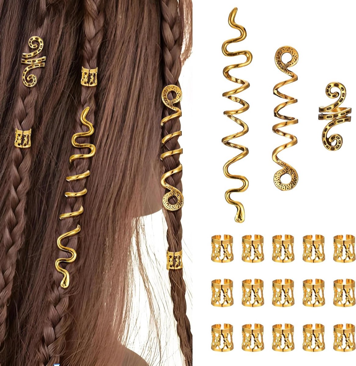 18-delige Haaraccessoires Set met Gouden Ringen voor Dreadlocks en Vlechten, Verstelbare Haarspiralen en Opslagdoos voor Versiering van Haarstijl