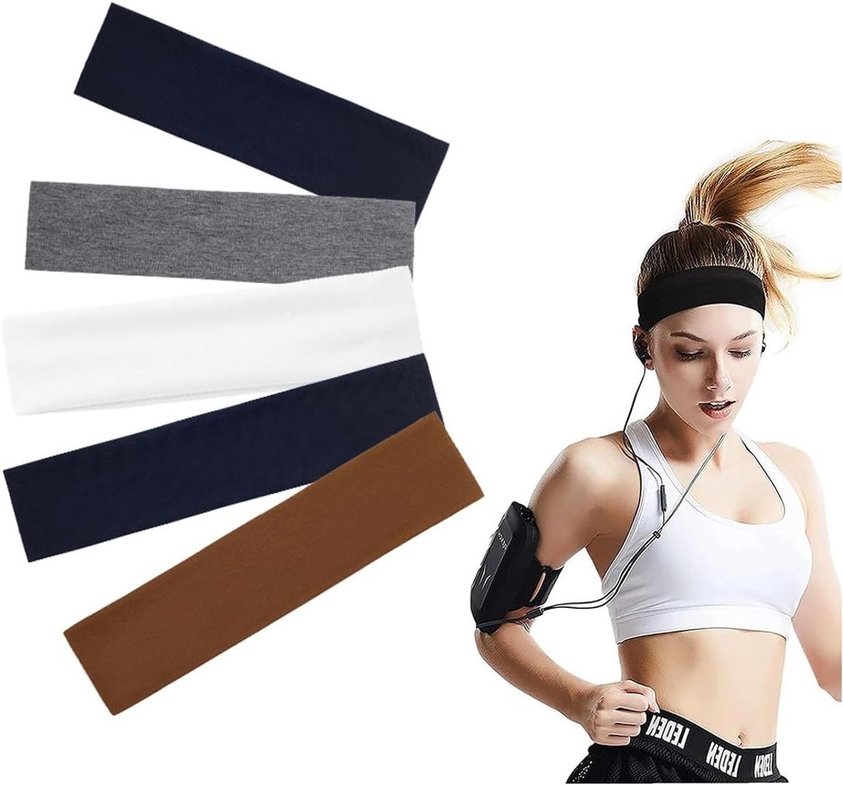 Set van 5 elastische sporthoofdbanden voor dames en heren, anti-slip haaraccessoires voor yoga en gym