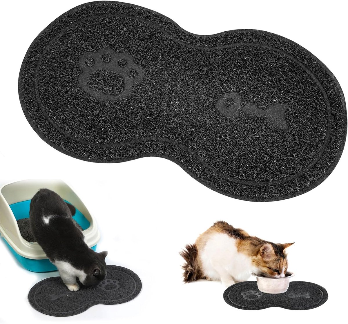 Honden- en kattenbakmat met 2 functies, 45 x 26 cm, hazelnootvorm, antislip, zwart, ideaal voor huisdieren