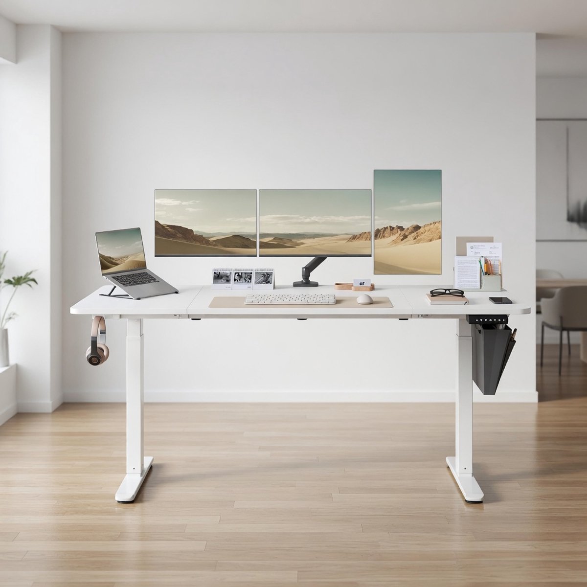 Elektrisch Zit-Sta Bureau 160x70 cm – In Hoogte Verstelbaar Ergonomisch Bureau met Memory Functie (4 Hoogtes), Stil Motor (<48 dB), 70 kg Draagvermogen, Kabelmanagement & Accessoires – Wolkenwit – Mobili Bella