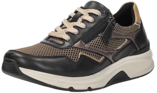 Zwarte Gabor Rollingsoft sneaker in driekwart aanzicht, met bruine mesh details, beige veters en zijrits.
