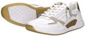 Witte sneakers met rits, gouden en taupe accenten. Eén sneaker ligt voor de ander.