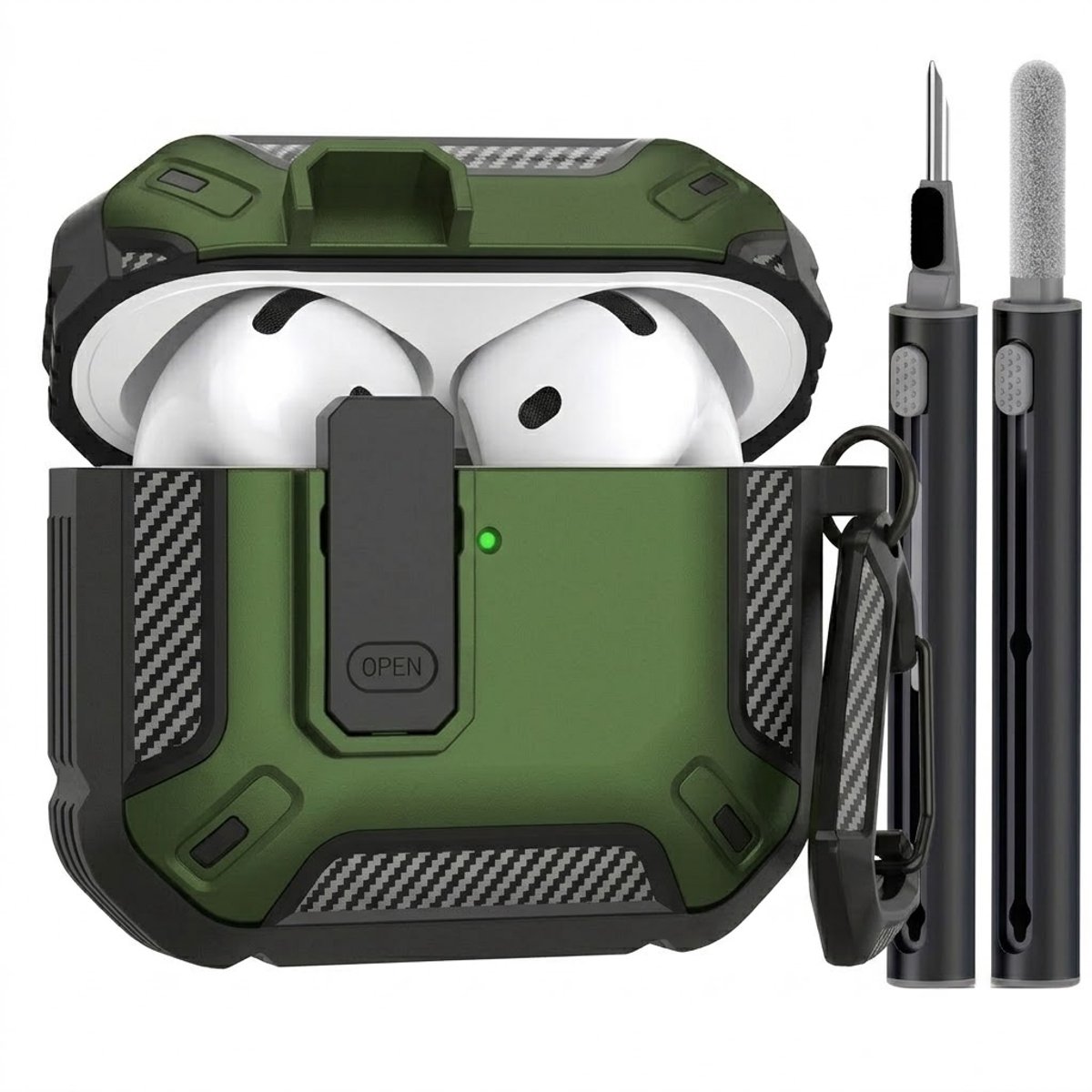 Groen hoesje voor oordopjes met cleaning kit – robuuste shockproof beschermhoes geschikt voor AirPods 4 met clip en carbon look details