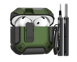 Groen hoesje voor oordopjes met cleaning kit – robuuste shockproof beschermhoes geschikt voor AirPods 4 met clip en carbon look details