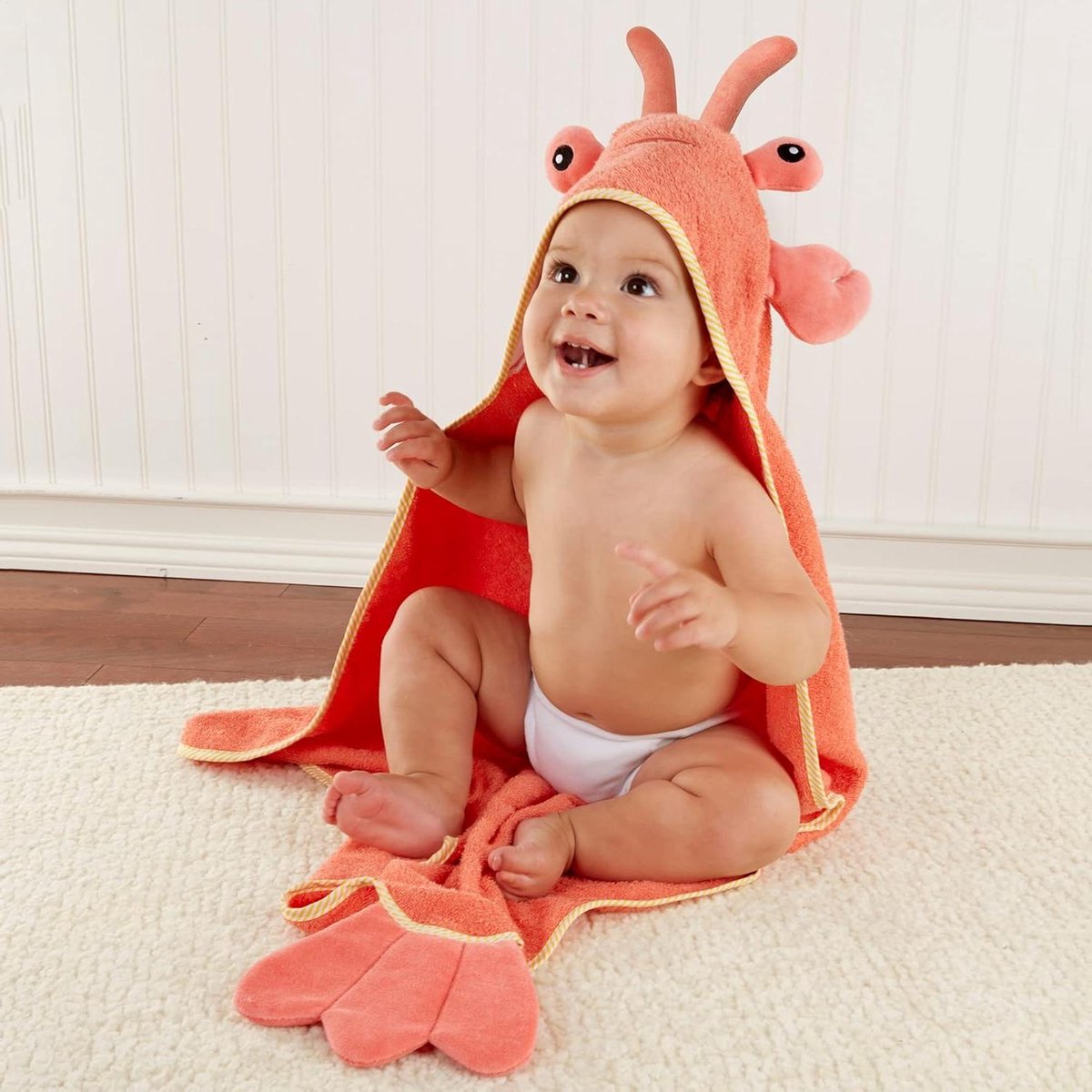 Baby Handdoek Met Capuchon - Kinderbadjas Capuchon - Baby Afdrogen - Leuke Lobster Design - Maat M - Oranje