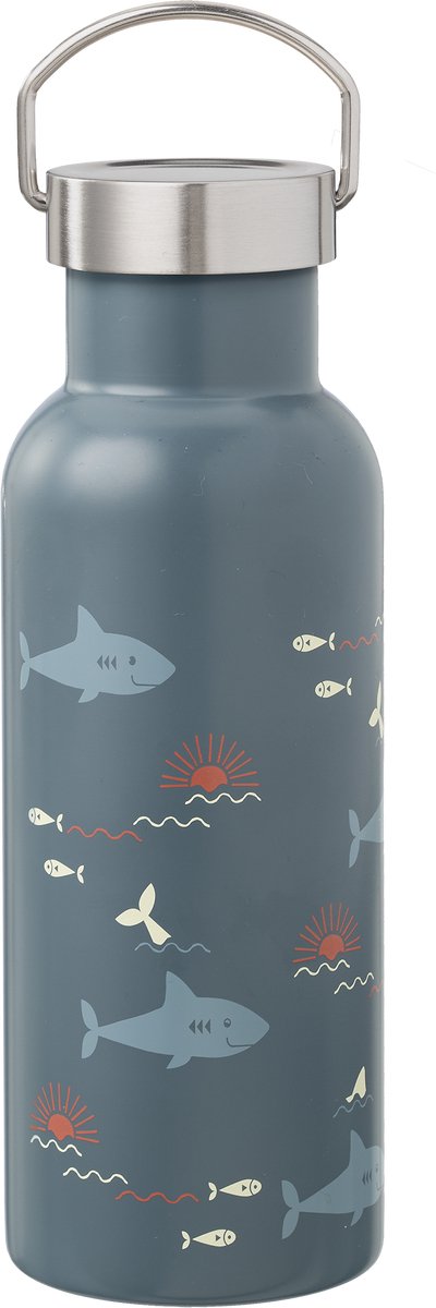 Fresk Thermosfles – 500 ml – RVS Waterfles – Lekvrije Drinkfles voor Kinderen – Koude en Warme Dranken – BPA-vrij – Onbreekbaar – 2 Doppen – Thermosbeker – Drinkbeker Jongens – Blauw - Shark