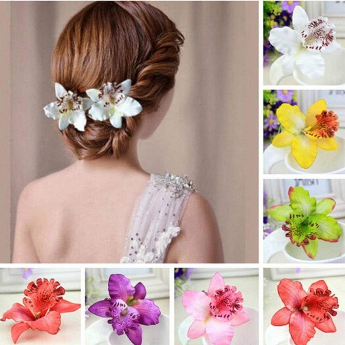 Haarclips bloem - Haarspeld orchidee - Bruiloft decoratie - Zijden bloem - 7 stuks - Multicolor