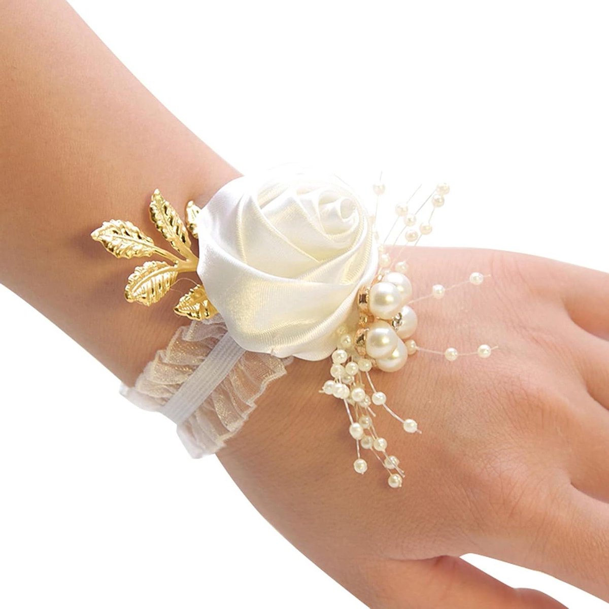 Polsbloem Corsage - Bruidsbloem Pols - Bruiloft Decoratie - Kunstbloem Blijvend - 7 cm Diameter - Wit