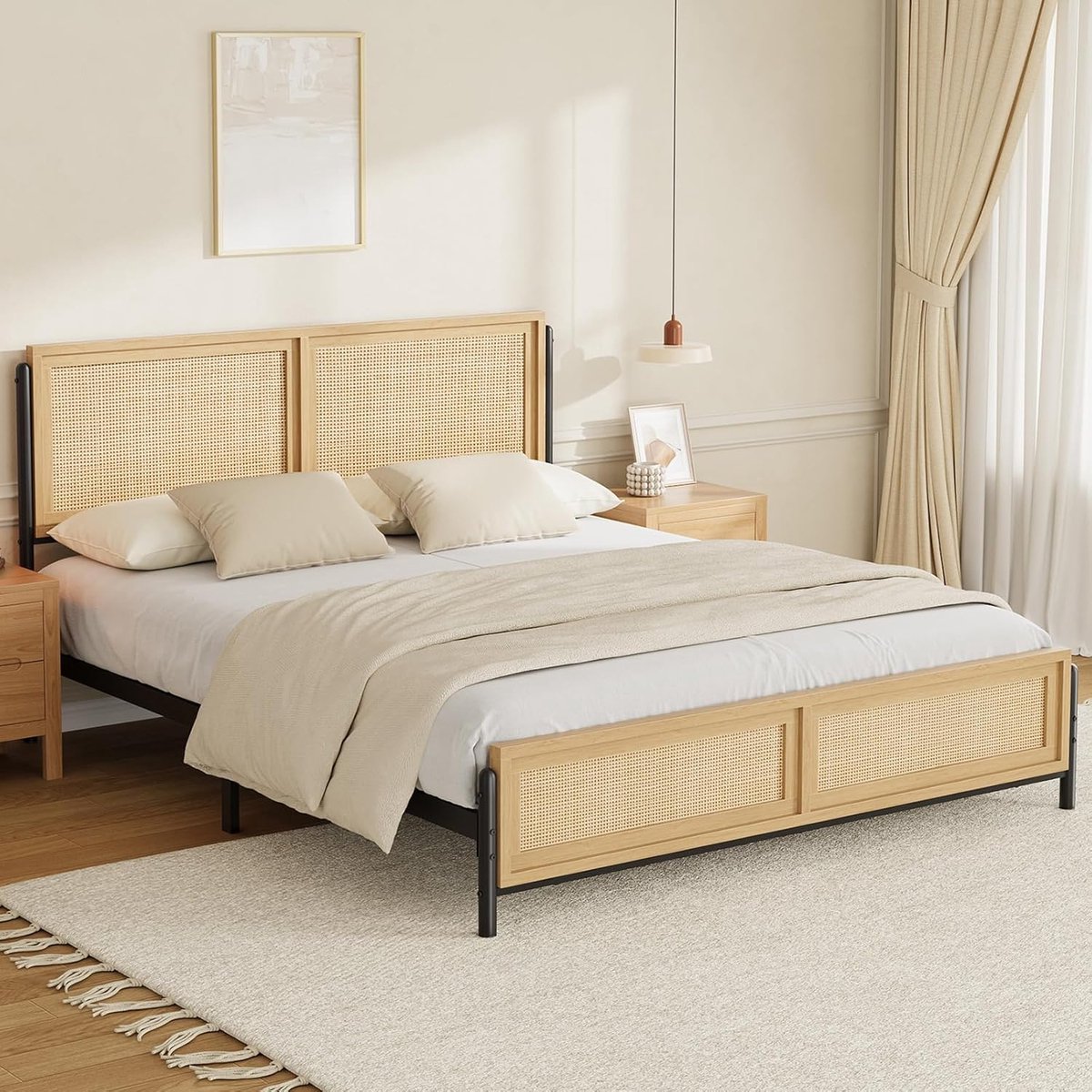 Garvee Massief houten bedframe rotan hoofdbord - 200 x 140 x 111cm - Metalen lattenbodem - Natuurlijk hout