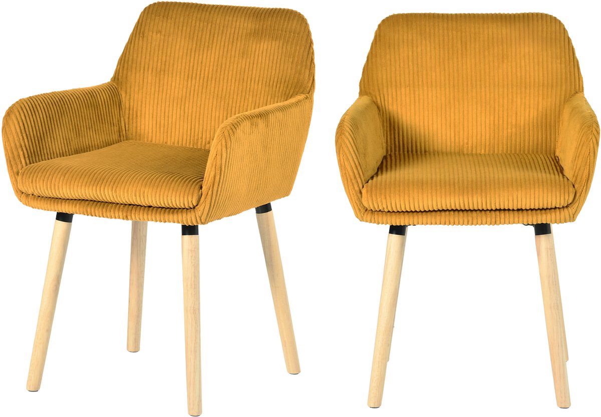 Meubles Cosy Eetkamerstoel - Set Van 2 Fluweel Ribstof Houten Poten Scandinavisch Design - Geel