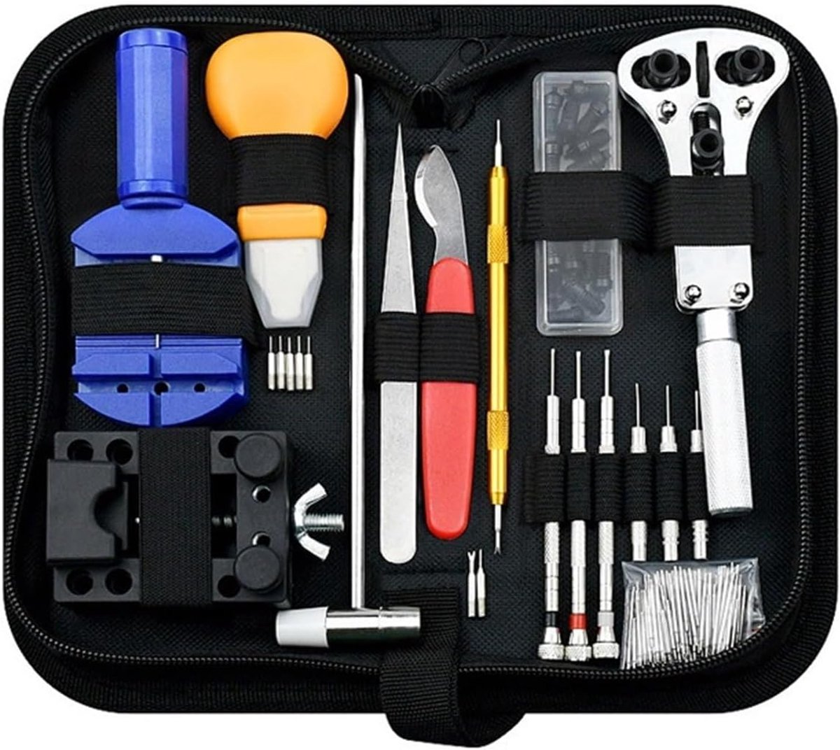 Een 147-delige horlogereparatieset, inclusief een kastverwijderaar, kastopener en horlogemakersgereedschap.