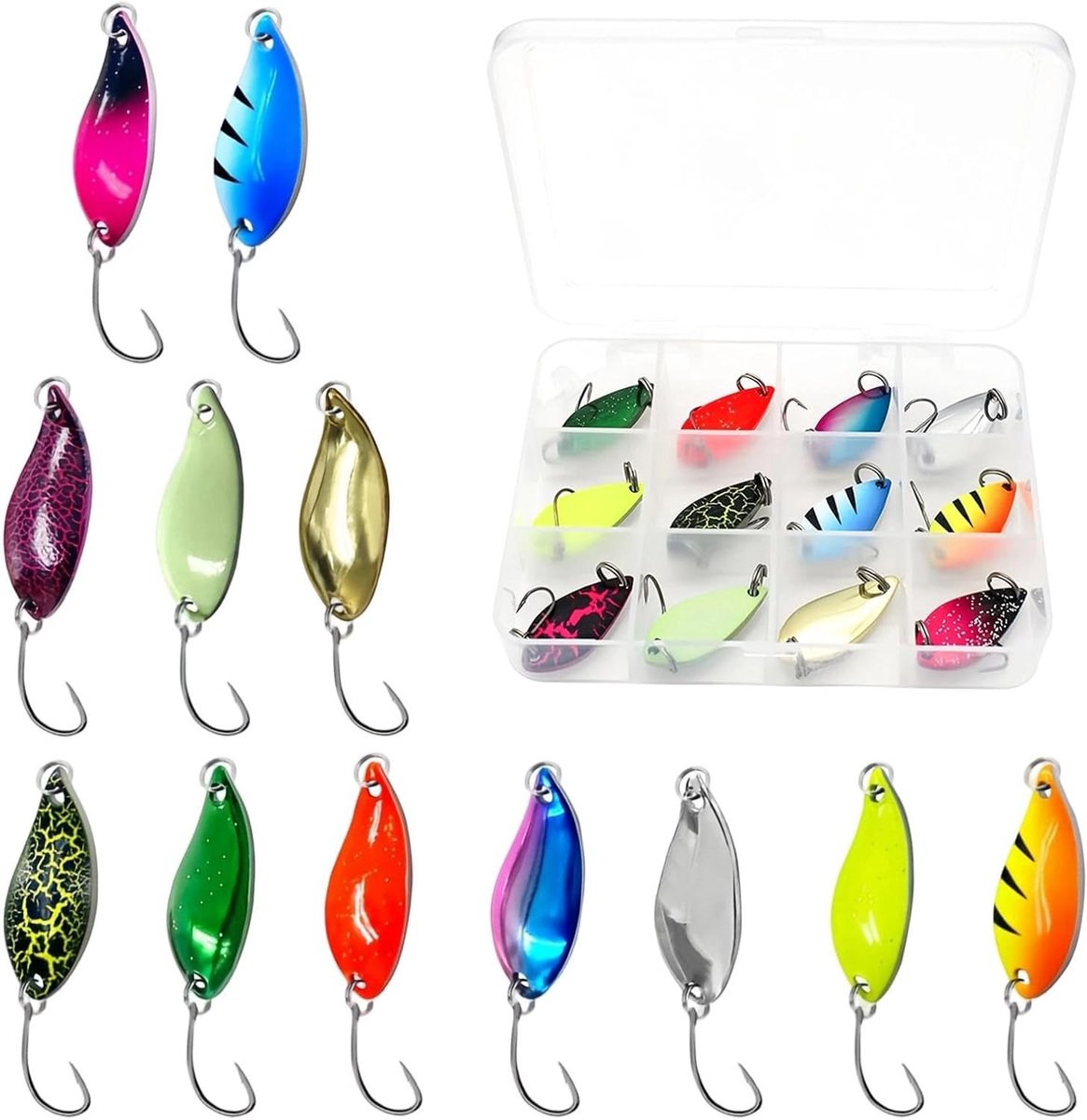 Kleurrijke Lepels voor Forelvisserij, 12 Stuks Spinner, 3.5g Vissen Aas Set met Doorzichtige Opbergdoos, Ideaal voor Forel, Zalm en Baars