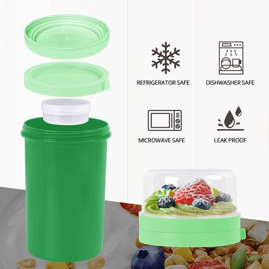 Muesli beker - Yoghurt beker to go - Overnight oats beker - Lunchbeker - Lekvrij - Met deksel - Herbruikbaar - Voor werk, school en onderweg - Groen — afbeelding 4