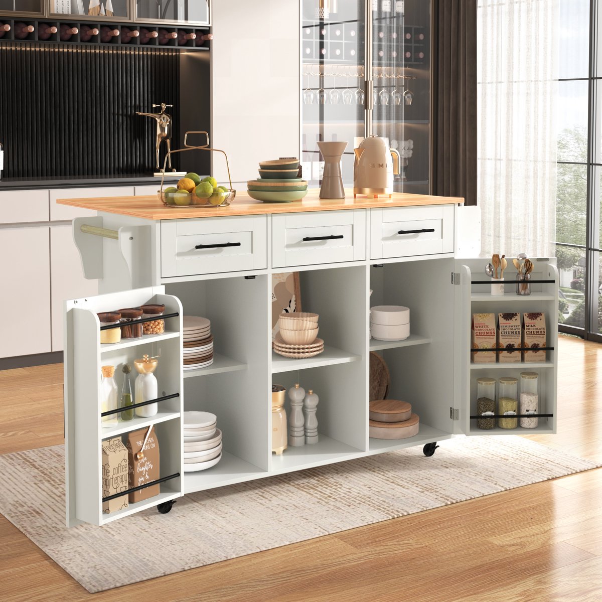 FloraGrace Keukeneiland - Met Klapblad En Opbergruimte - Voor Keuken En Eetkamer - Wit MDF Met Houtlook - 139x46x91,5 Cm