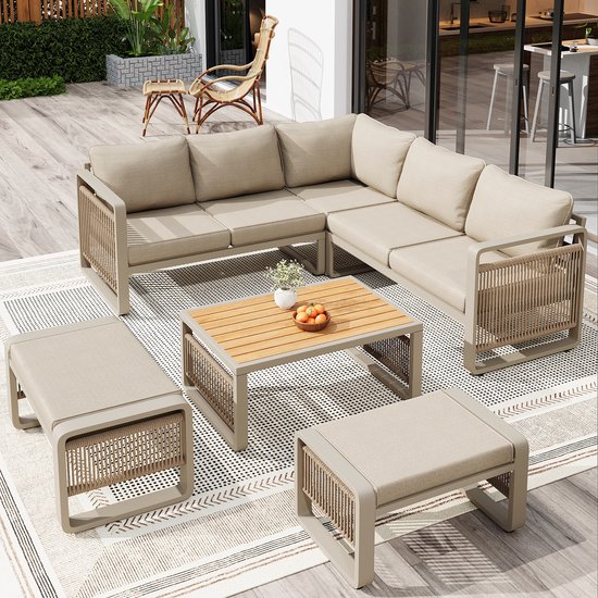 Sweiko Tuinset - Loungeset - Hoekbank + 2 hocker + Salontafel - Modulair meubilair - Met kussens - Metalen frame - Beige