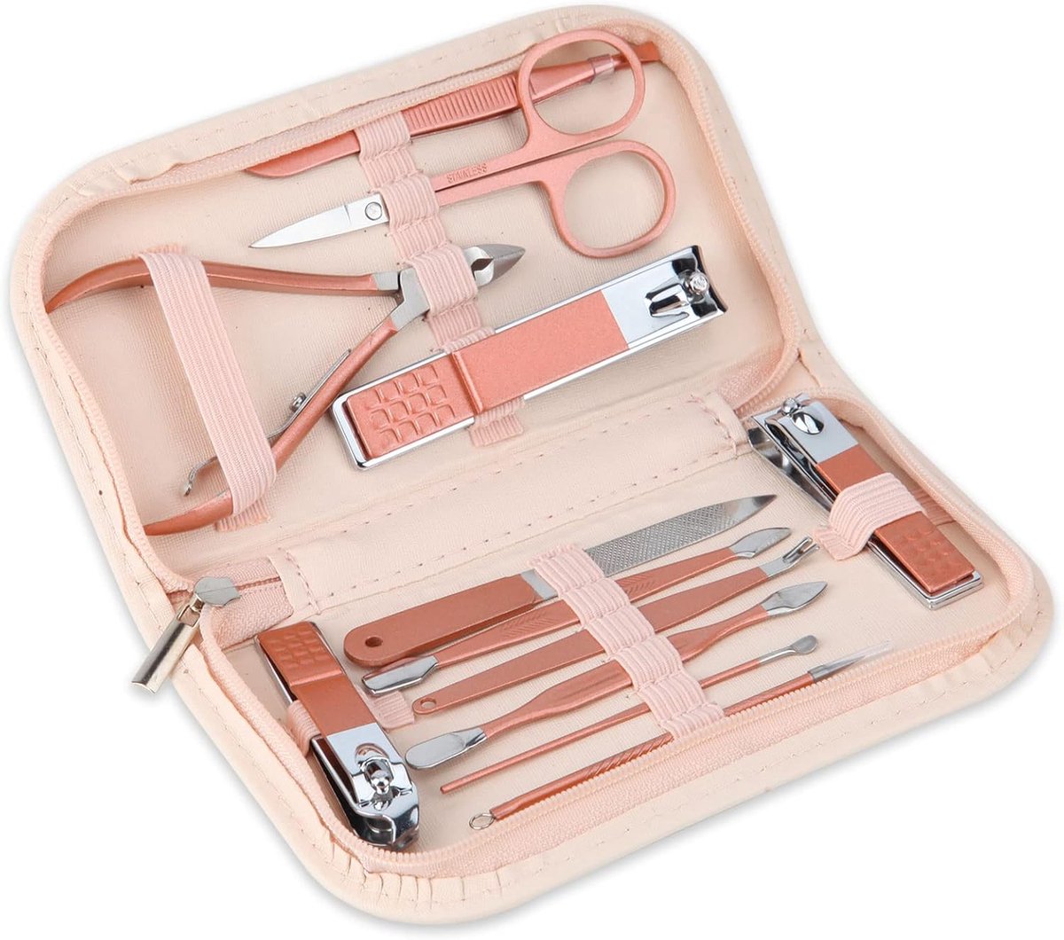 Nagelknipper en schoonheidsgereedschap - draagbare nagelverzorgingsset 12-in-1 - geschikt voor thuis, op het werk, op reis, als cadeau of voor kapsalons - roze