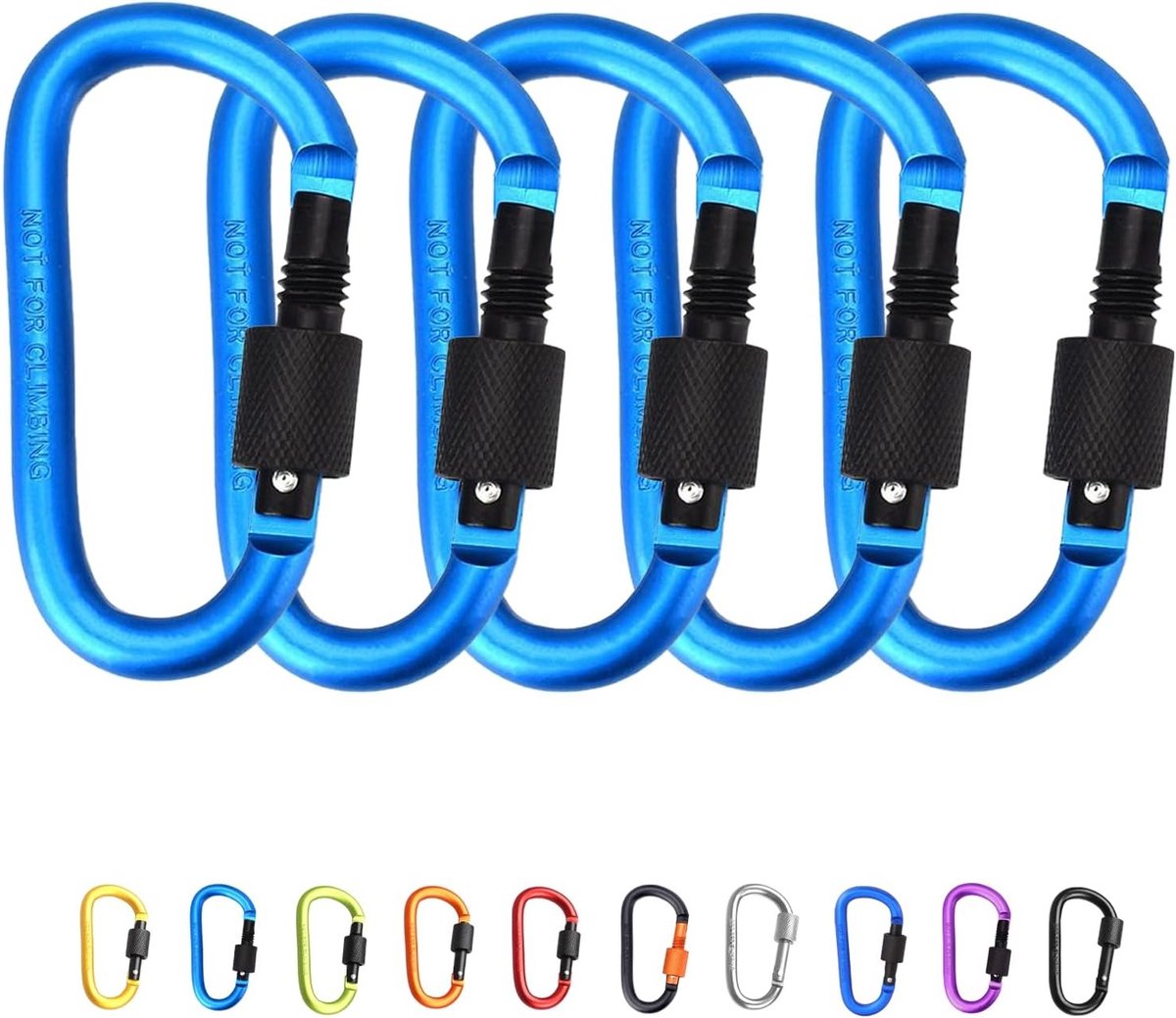 Set van 5 D-vormige Aluminium Carabiners met Schroefsluiting in Zee Blauw voor Kamperen, Wandelen, Fietsen en Buitenactiviteiten