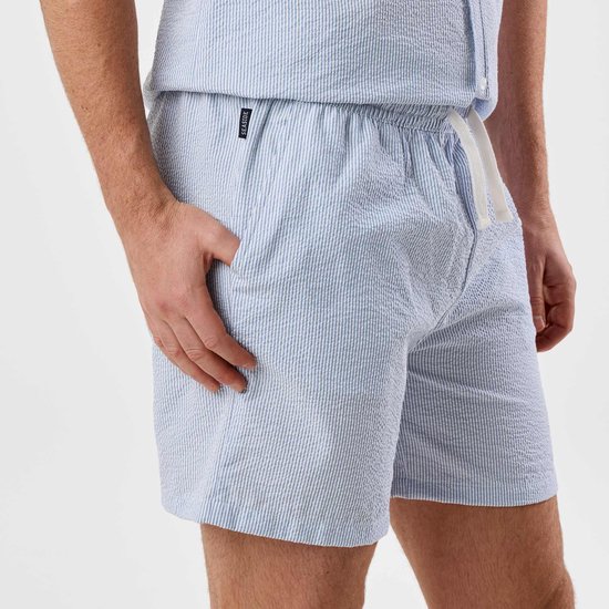 Detail van een lichtblauwe gestreepte seersucker korte broek met trekkoord, label 'SEASIDE'.