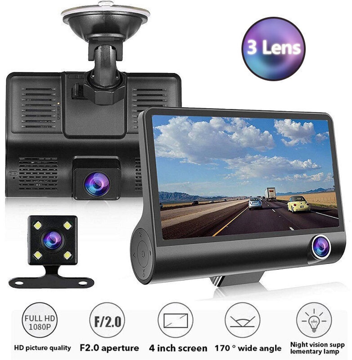 Dashcam voor in de auto met 3 camera's, Full HD, 1080P, dubbele lens, 4,0 inch LCD-scherm, met 170 graden achteruitkijkspiegel.