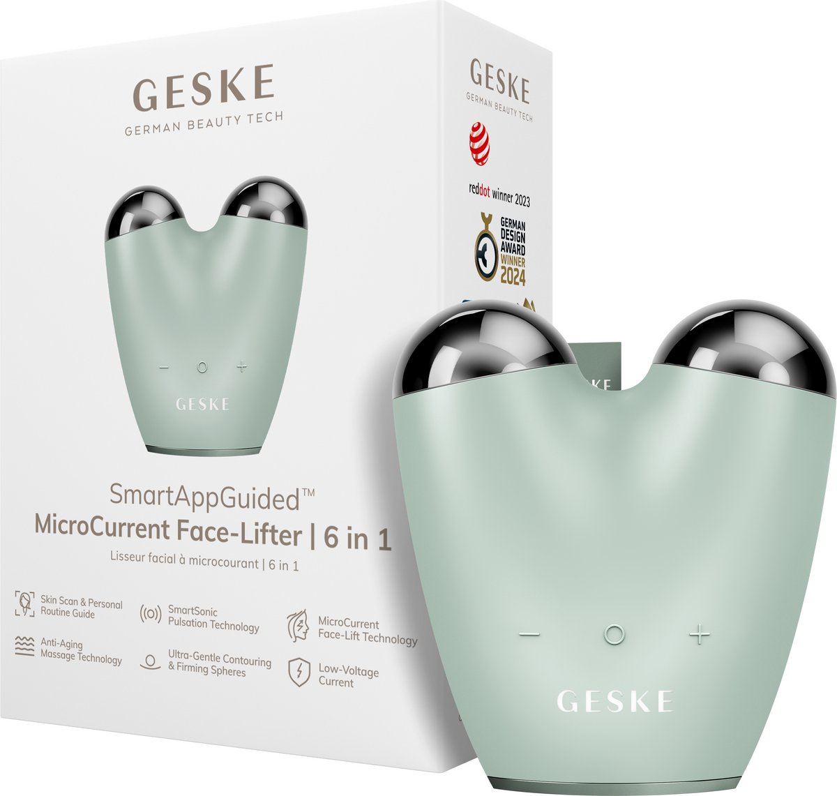GESKE | SmartAppGuided™ SmartAppGuided™ MicroCurrent Face Lifter | 6 op 1 | Gezichtslifting | Tools voor huidverzorging | Facelift | Anti-aging apparaat | MicroCurrent tegen rimpels