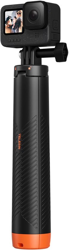 Zwarte grip met oranje dop, met een GoPro action cam bovenop. TELESIN logo op de grip.