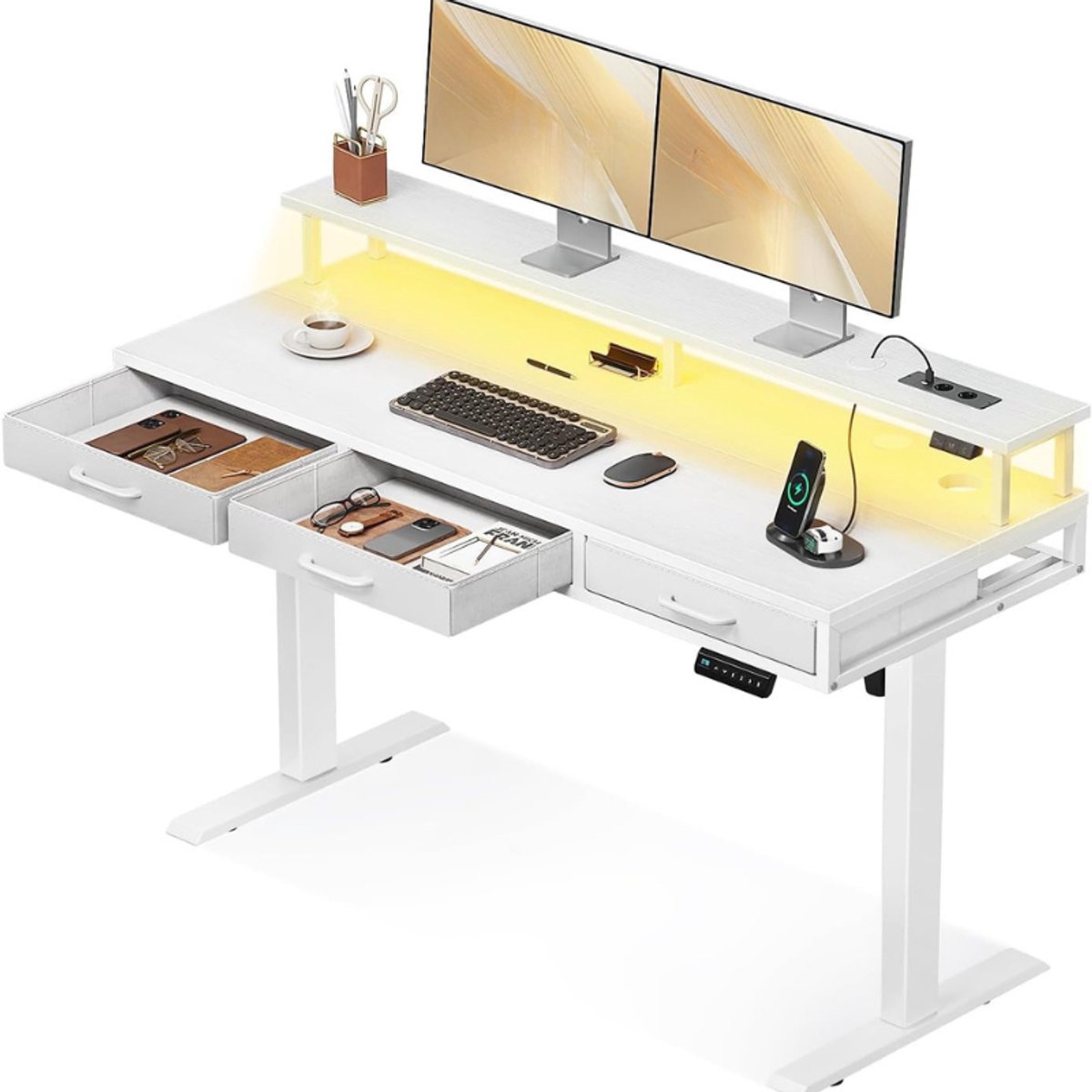 OffiGo Elektrisch Bureau met Laden, 140 cm In Hoogte Verstelbaar Bureau met Monitorstandaard, Staand Bureau met Stopcontacten en Lichtframe, In Hoogte Verstelbaar Bureau, Wit