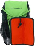 Limegroene rugzakflap met Vaude logo en een opengewerkt oranje binnenvak.
