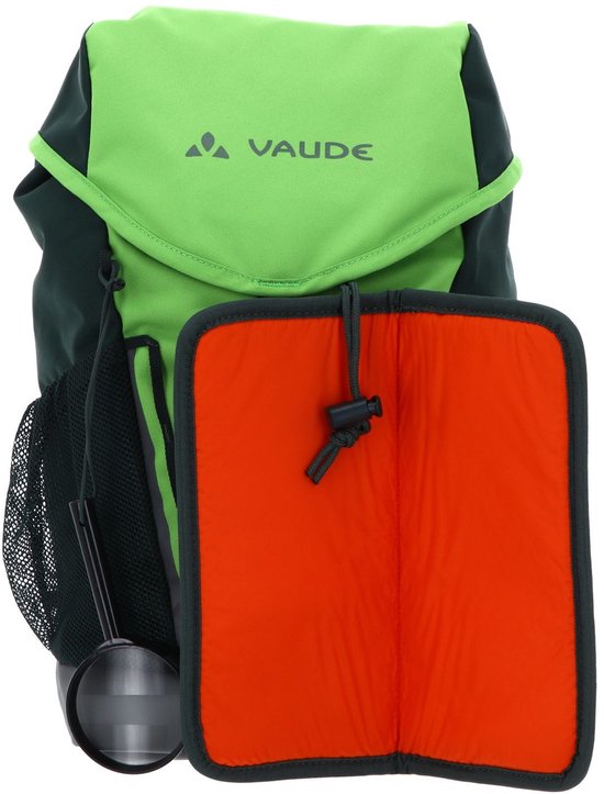 Limegroene rugzakflap met Vaude logo en een opengewerkt oranje binnenvak.