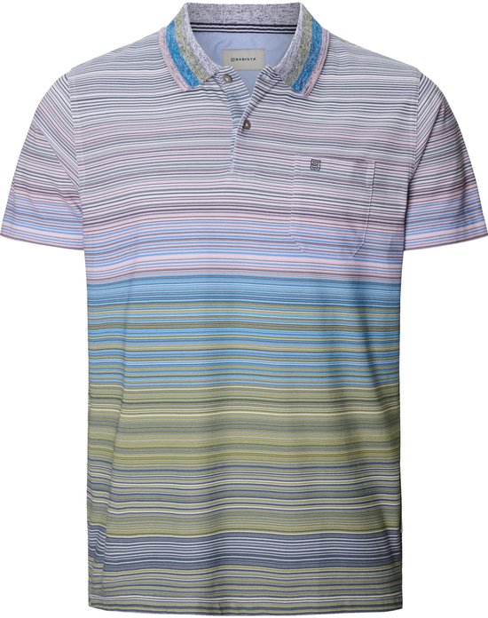 Poloshirt met horizontale strepen in groen, blauw, roze en grijs. Het shirt heeft een kraag met kleuraccenten.