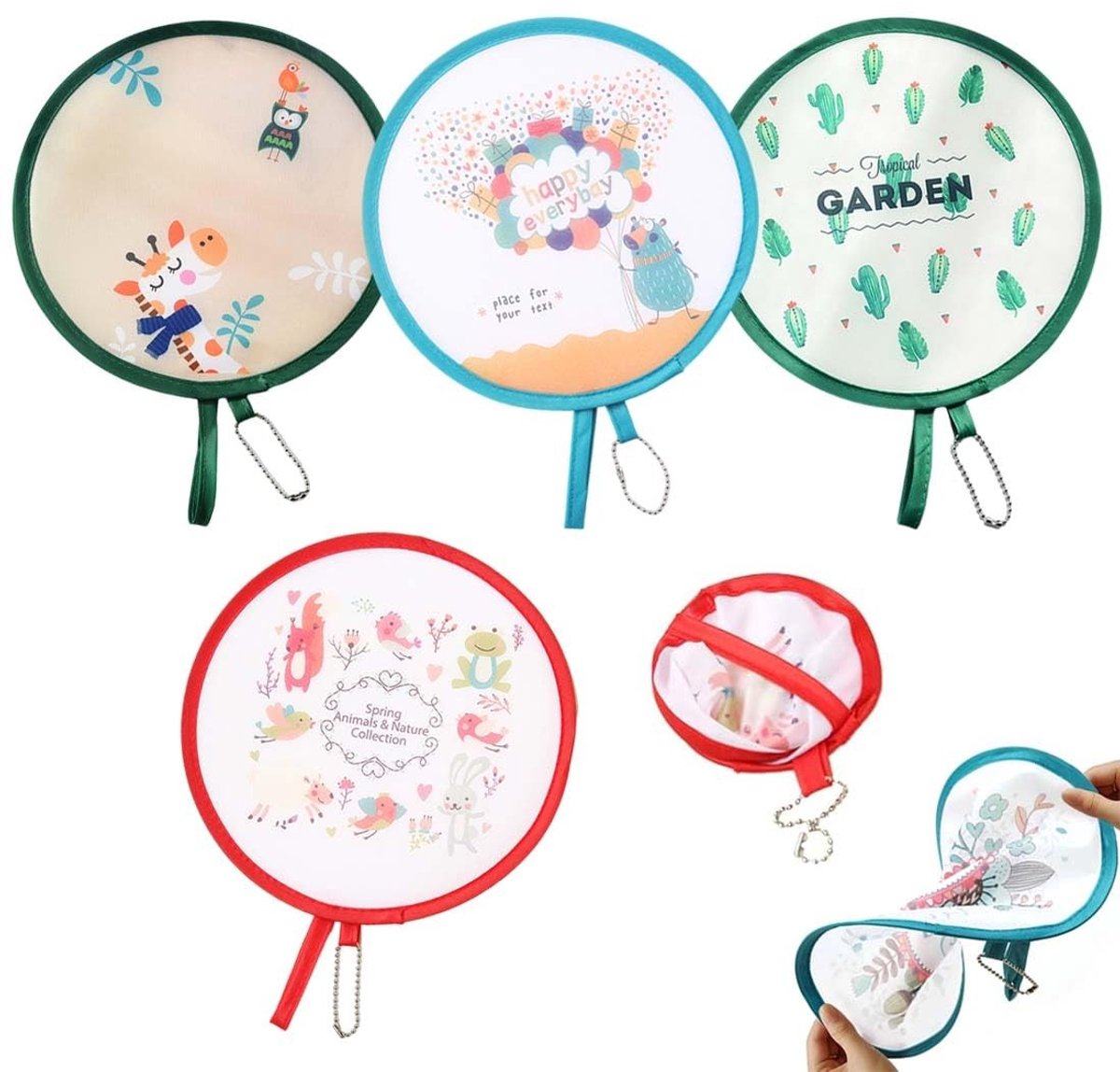 Dailygoods- Opvouwbare Vakken - 4 Stuks - Ronde Vakken - Draagbaar - Japanse Stijl - Polyester - Diameter 21 cm - Vouwwaaier