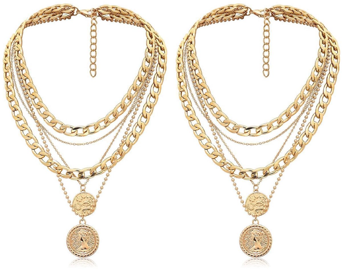 Dailygoods- Kettingen Set van 2 - Gouden Gelaagde Kettingen - Punk Dikke Ketting - Ronde Hanger - Boho Choker - Hoogwaardig Legering - Sieraden