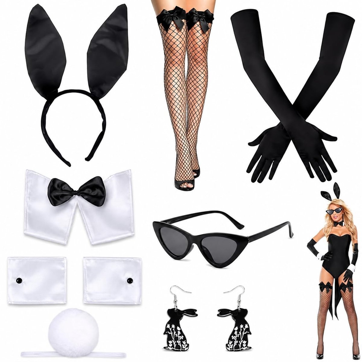 Dailygoods- Konijn Kostuum Luxe 7-delig - Bunny Accessoires - Oren/Staart - Handschoenen/Sokken - Oorbellen - Perfect voor Feesten