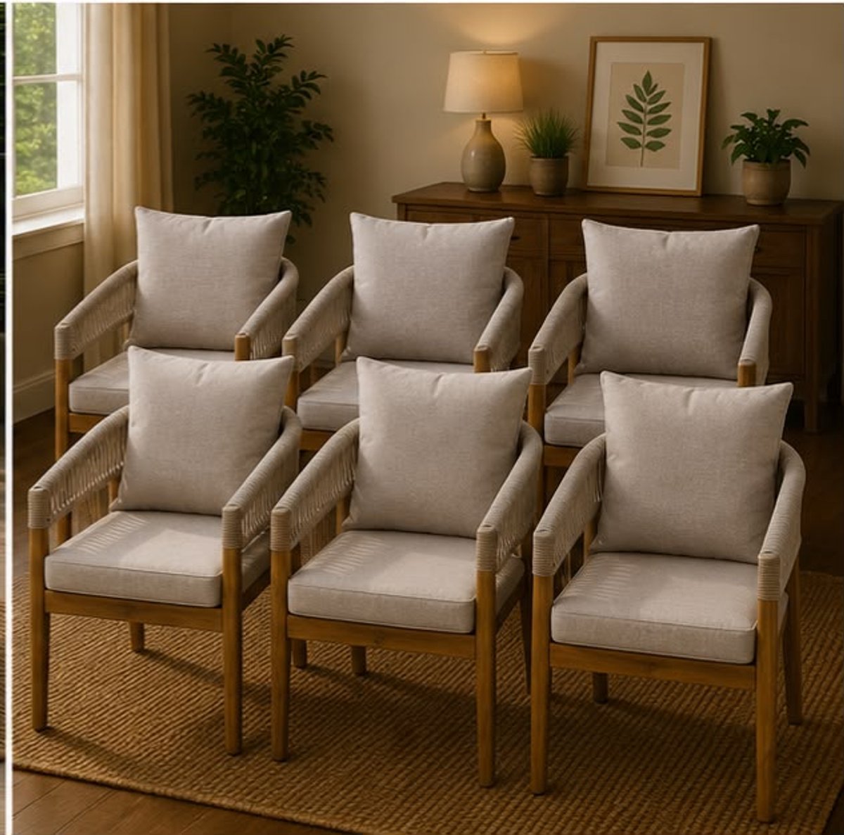 Tuinstoelen Set van 6 59x58x76,5 cm – Acaciahouten Balkonstoelen met Rope Design en Dikke Kussens – Weerbestendige Lounge Stoelen voor Tuin, Terras, Balkon, Eethoek en Serre – Greige – Mobili Bella – foto 4