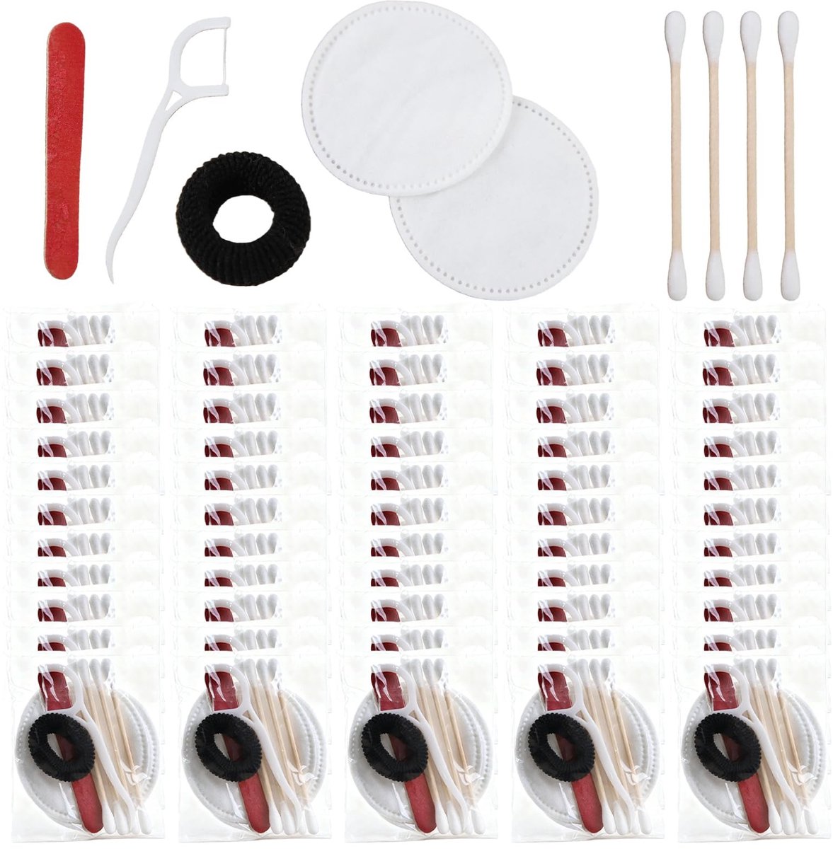 Dailygoods- Hotel Vanity Set 100 Stuks - Toiletartikelen - Wattenschijfjes/Wattenstaafjes - Flossen - Nagelvijl - Hoogwaardig Katoen/Kunststof - Hygiënisch en Zacht