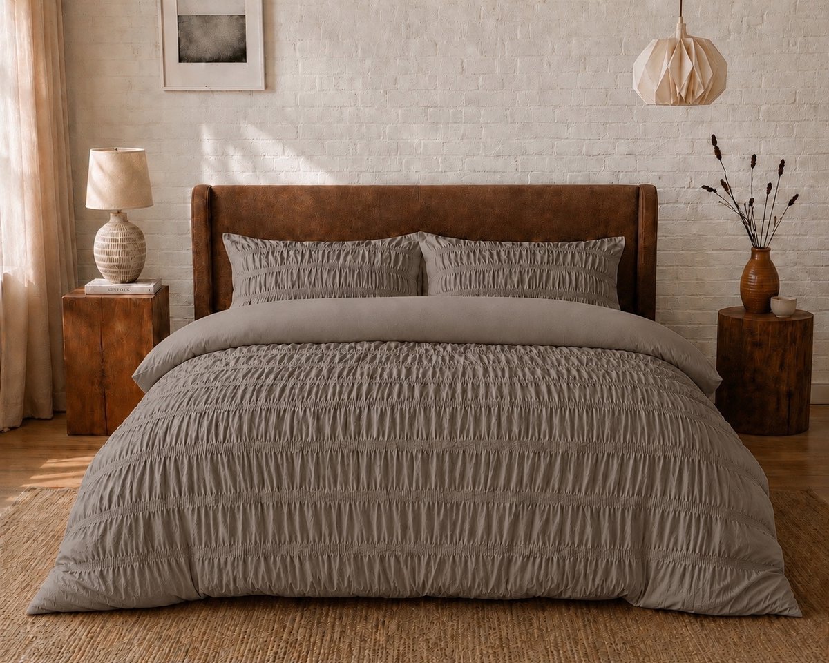 Seersucker Dekbedovertrek Taupe - 200 x 200/220 cm + 2 kussenslopen