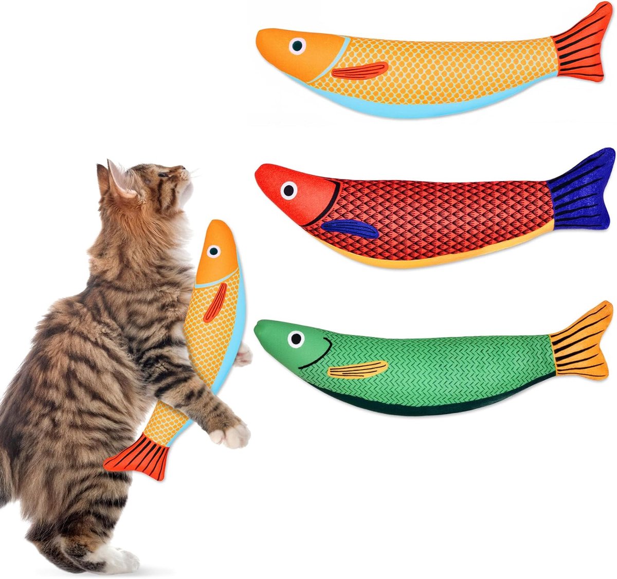 DOWO Catnip Kattenspeelgoed - Kattenspeelgoed met Kattenkruid - Katten Speelgoed - Kattenspeeltjes - Speelgoed Kat - Pluche Visjes voor Katten - 3 Stuks