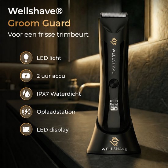 Zwarte Wellshave Groom Guard trimmer op een zwarte oplader, met functies zoals LED licht, 2 uur accu, IPX7 waterdicht.