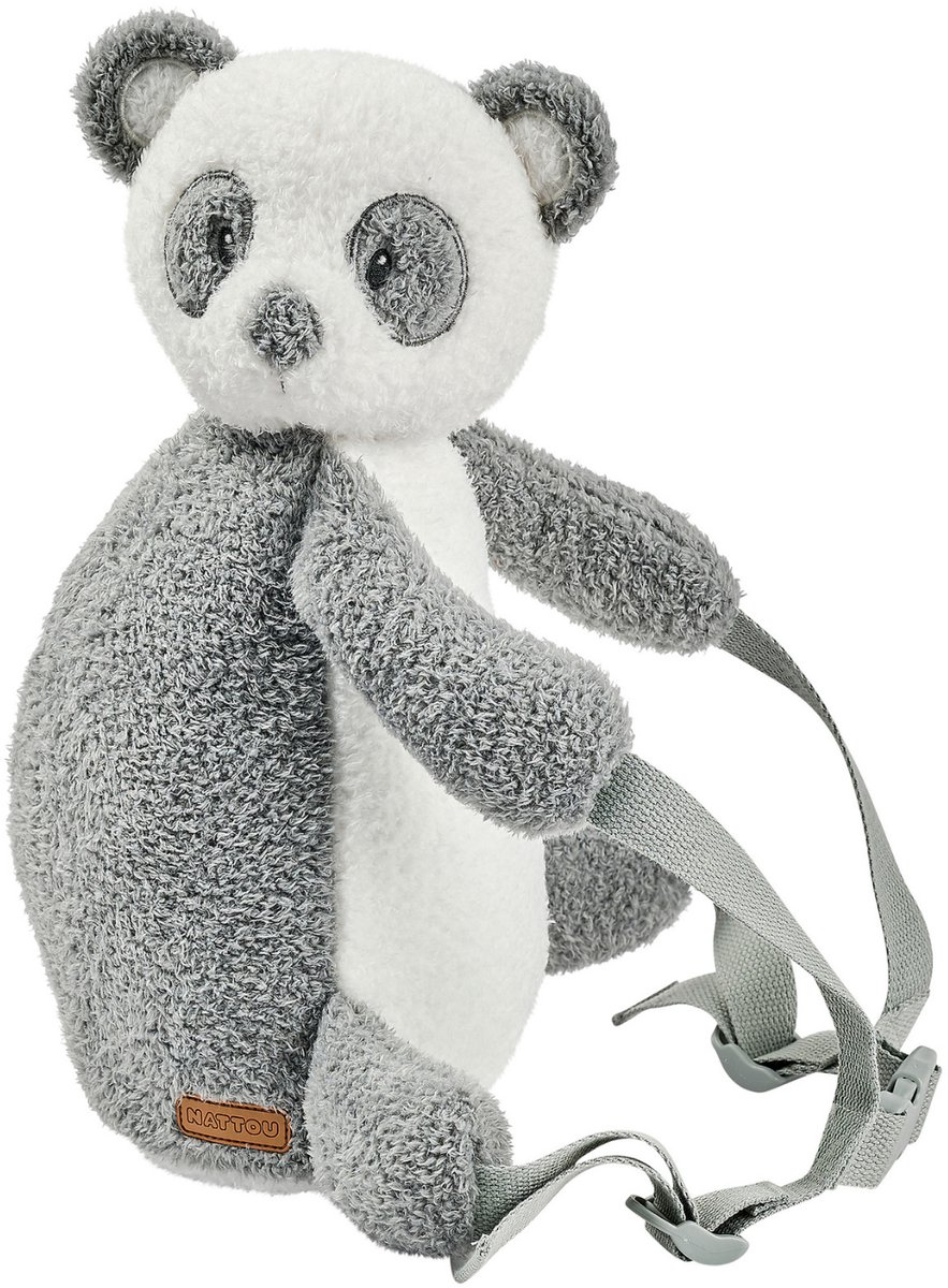 Nattou TEDDY Knuffel Rugzak - 30 cm - Boekentas kleuter - Zachte Panda Rugtas - Grijs & Wit