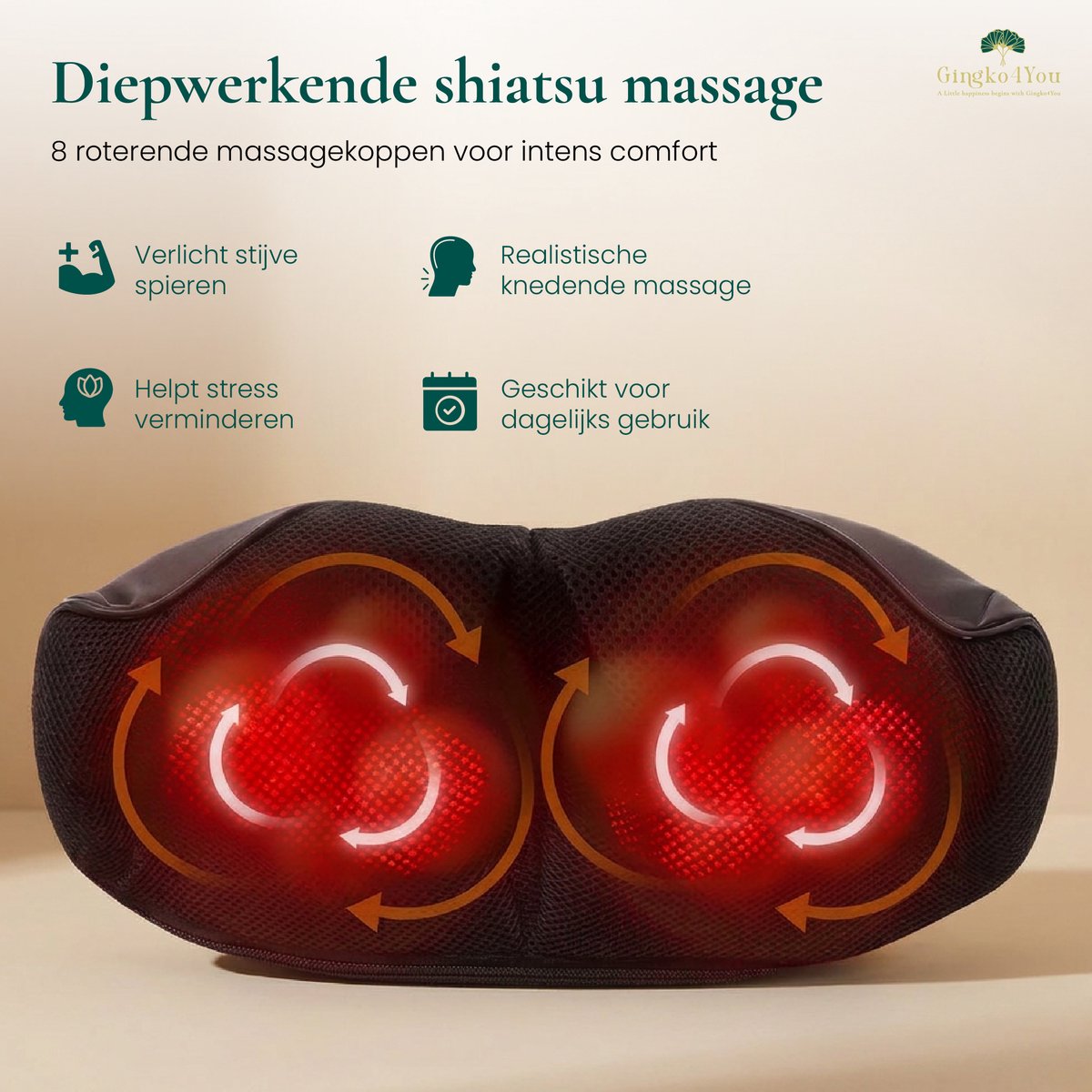 Gingko® Zen Shiatsu Massagekussen - Nekmassage Apparaat Draadloos - Infrarood Warmtefunctie - Elektrisch - Rugmassage Apparaten voor Nek, Schouder, benen, voeten, buik - 8 Massagekoppen met Infrarood - 1,5 uur gebruik - Luxe Opbergtas - Zwart/Grijs — cadeau in Cadeau-ideeën - foto 8