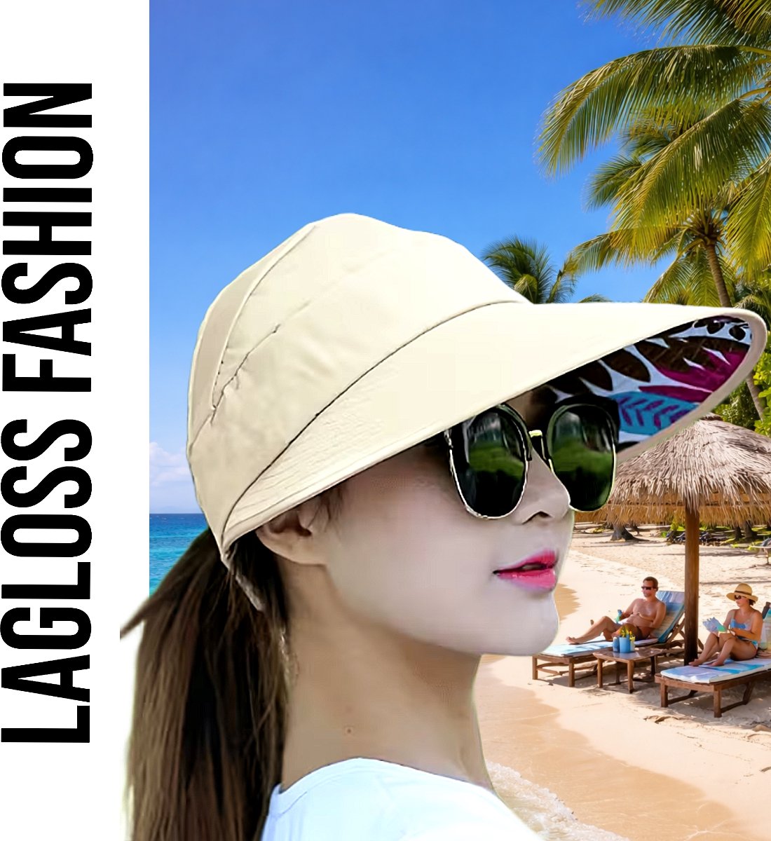 LaGloss® Opvouwbare Dames Beige Zonnehoed Pet met Brede Rand – UV Bescherming Hoed Outdoor & Strand