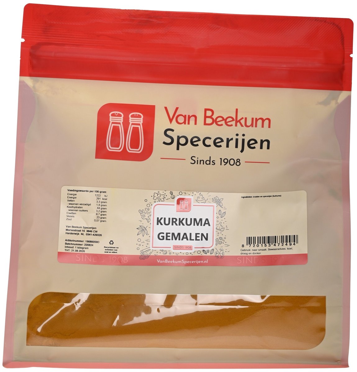 Van Beekum Specerijen - Kurkuma Gemalen - 1 KG (hersluitbare stazak)
