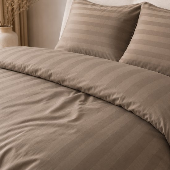 Hotellinnen Dekbedovertrek Taupe - 27mm Streep - 200 x 200/220 cm + 2 kussenslopen — afbeelding 4