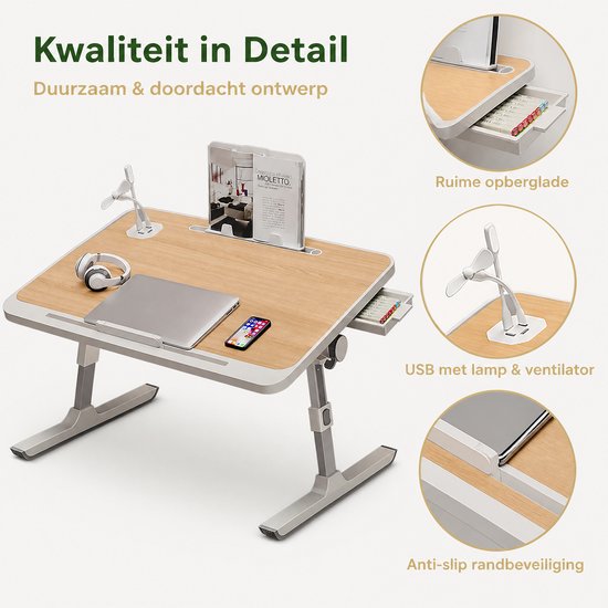Gedetailleerde opname van de houtkleurige bedtafel, met ruime lade, USB-lamp en ventilator, en anti-slip rand.